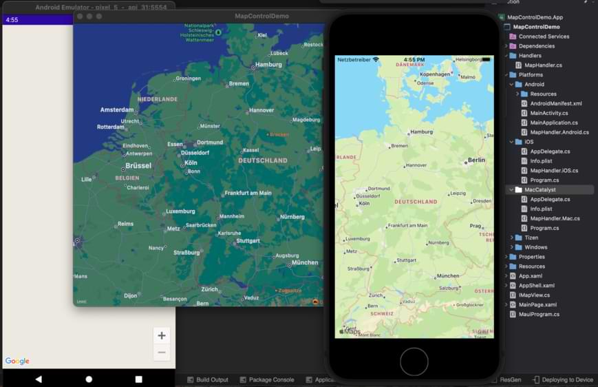 .NET MAUI app showing a map on Android, MacOS and iOS