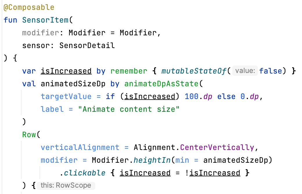 Image with code that shows how to implement a grow or shrink animation