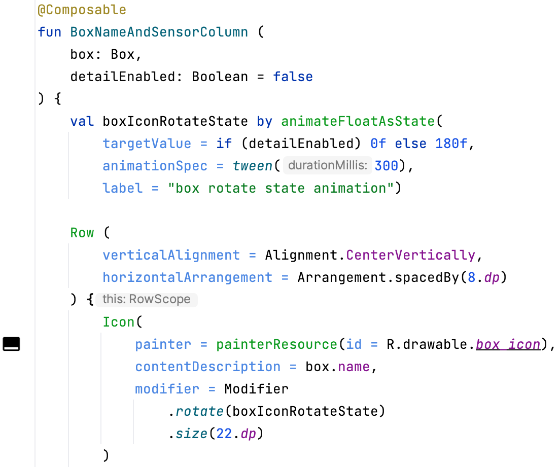 Image with code that shows how to implement a rotation animation of an icon in Jetpack Compose