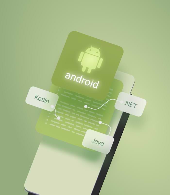 Grafische Darstellung der Android-App-Entwicklung: Ein Smartphone mit Android-Logo, darüber Ebenen mit Code und Verbindungen zu den Technologien Kotlin, Java und .NET in grüner Farbgestaltung.