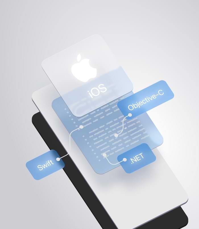 Grafische Darstellung der iOS-App-Entwicklung: Ein Smartphone mit Apple-Logo und iOS-Ebene, darunter Code-Elemente und visuelle Verbindungen zu den Technologien Swift, Objective-C und .NET in blauer Farbgestaltung.