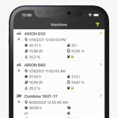 Darstellung der Maschinen in der TELEMATICS-App in Listenform